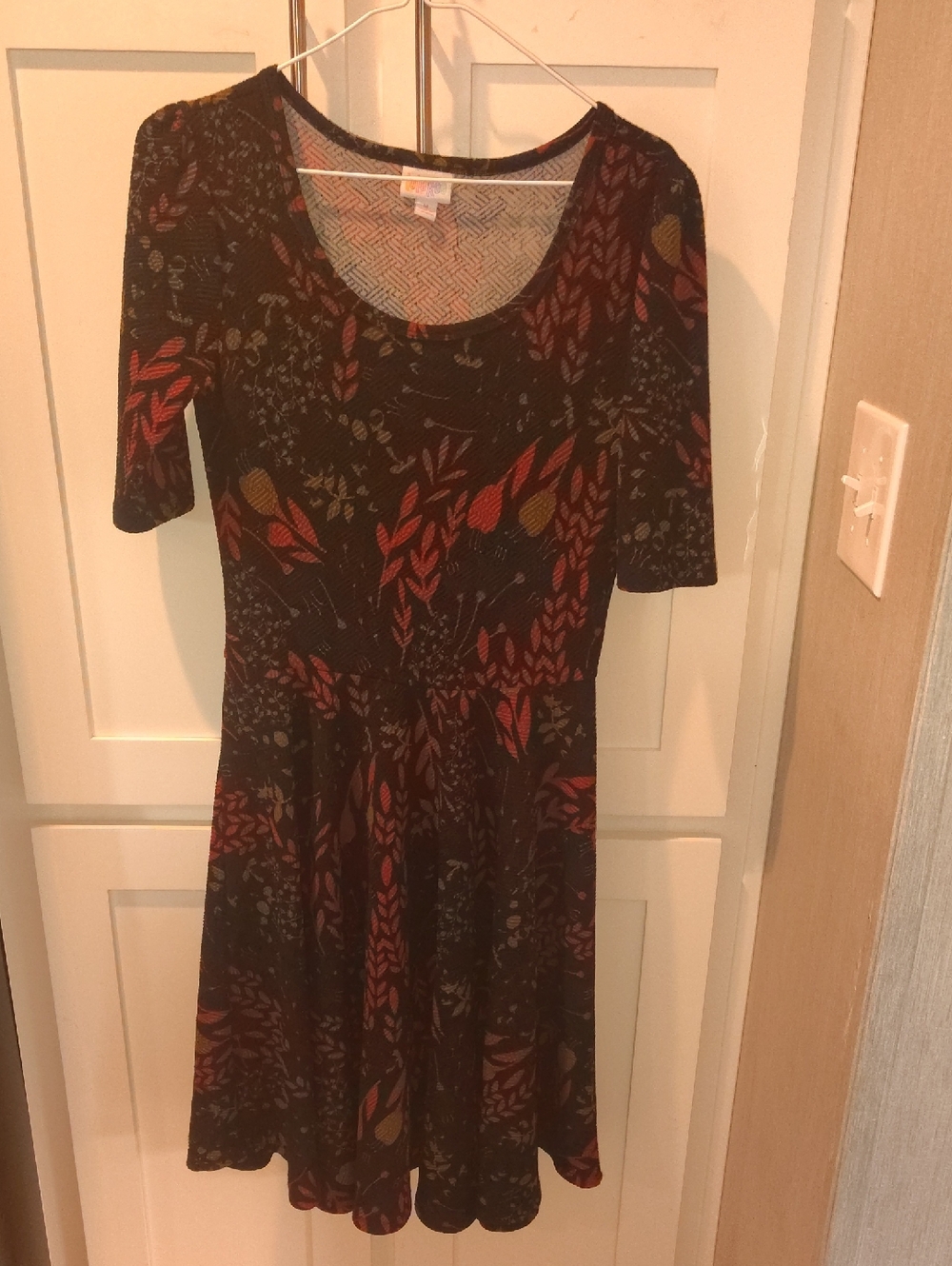 LuLaRoe Black Midi Dress with Red and Green Leaf Print